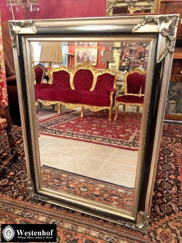 Groot spiegel klassiek / antieke barok zilver, zwarte lijst