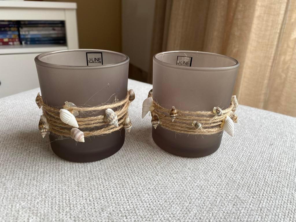 Waxinelichthouders met schelpjes NIEUW, Overige materialen, Nieuw, Ophalen of Verzenden, Grijs