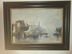 J. Vos Schilderij - Stadsgezicht met Boten 74x55, Ophalen of Verzenden