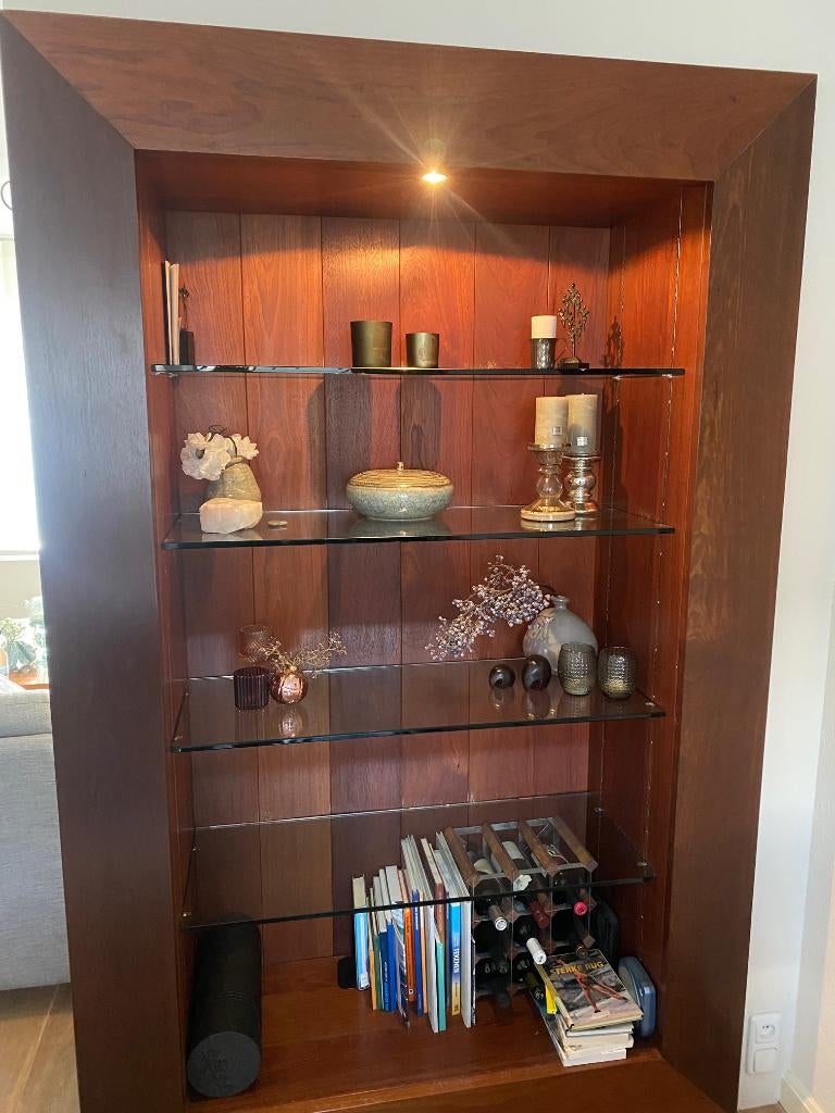 Jatoba kast met glasplaten, ontwerp van Jan des Bouvrie, Ophalen, Gebruikt