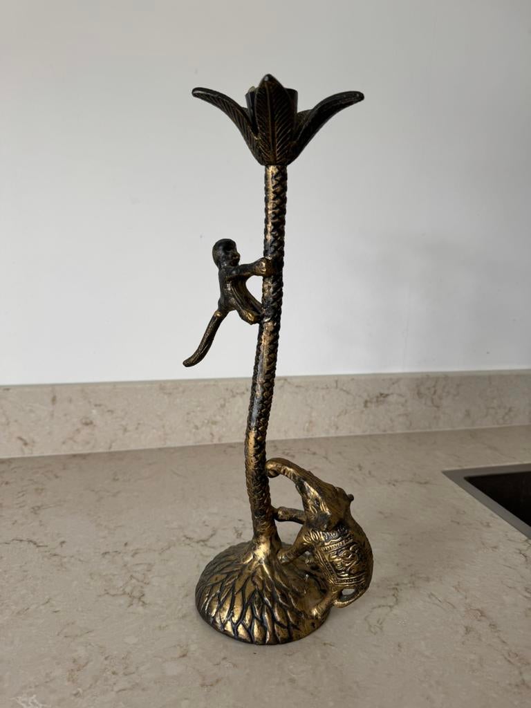 Kandelaar Sissy Boy met aap en olifant goud/brons, Huis en Inrichting, Ophalen, Gebruikt, Overige kleuren, Kandelaar