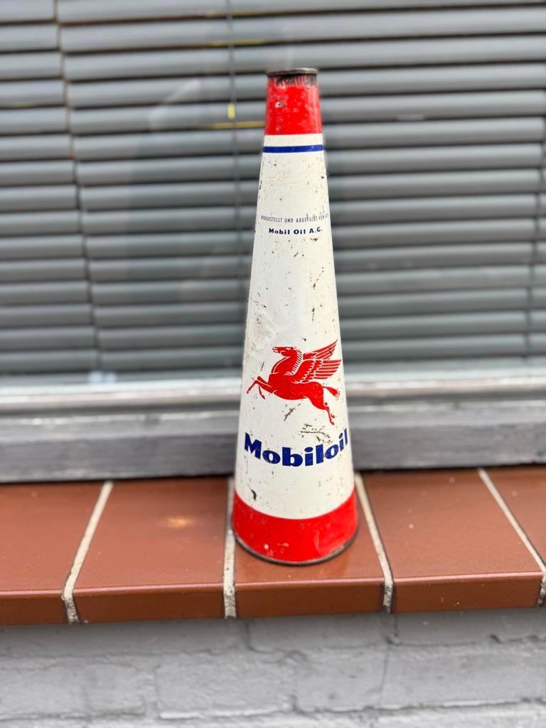 Vintage Mobiloil olieblik - Zeldzaam Reclameobject, Verzamelen, Ophalen, Gebruikt, Gebruiksvoorwerp, .