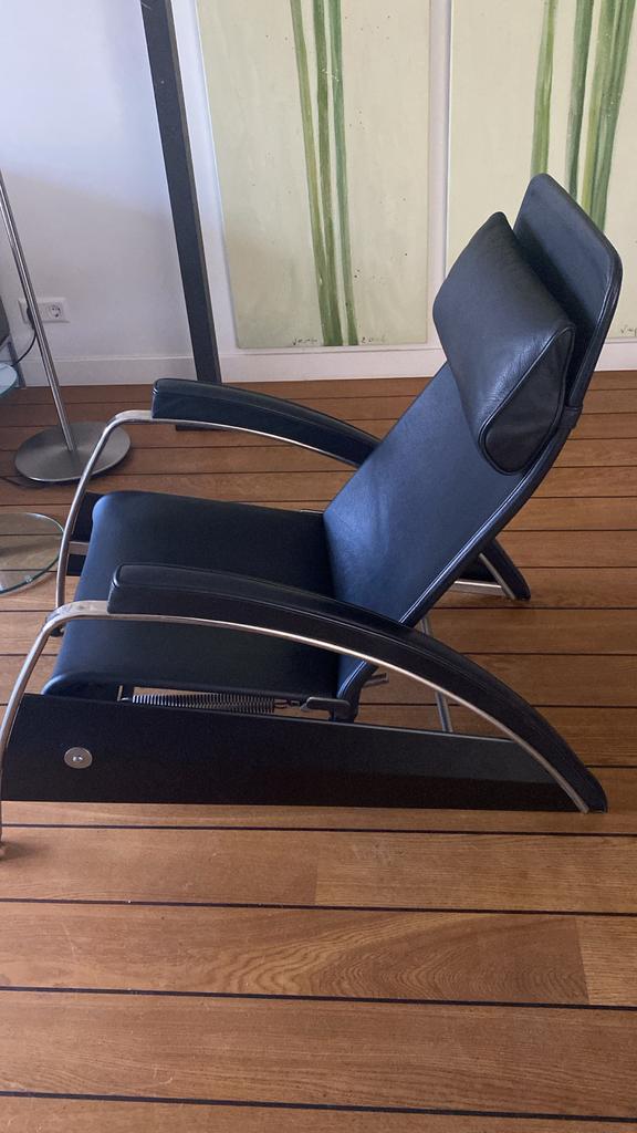Jean Leprouve Fauteuil - Zwart Lederen Design Fauteuil, Gebruikt, Ophalen of Verzenden, 50 tot 75 cm, Leer