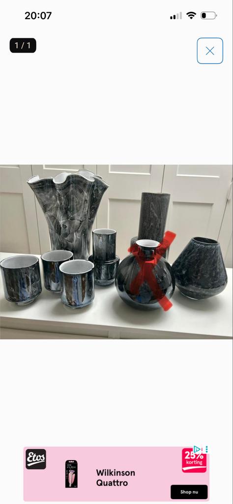 Set van marmer effect vazen en waxinelichthouders, Ophalen, Gebruikt, Zwart, Glas