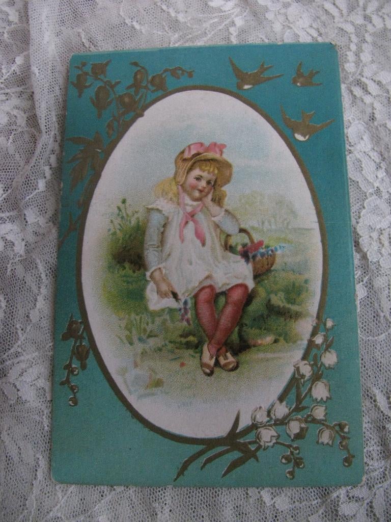 Antieke Reclame Kaart / Lion Coffee - Meisje Bloemen Zwaluw, Verzamelen, Ansichtkaarten | Themakaarten, Verzenden, Voor 1920, Overige thema's