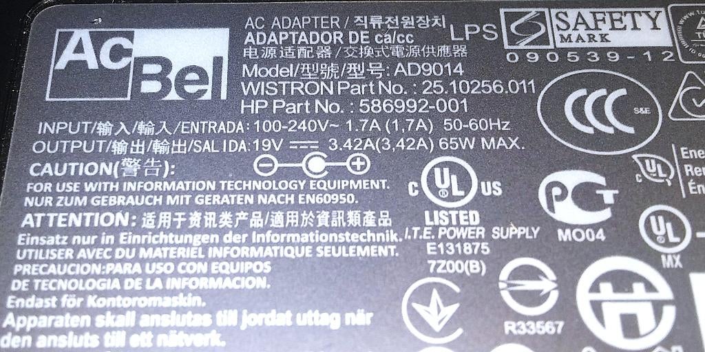 HP ACBEL AD-9014 19.5V 3.33A 3.42A 65W Ultrabook Spectre XT, Ophalen of Verzenden, Zo goed als nieuw, HP