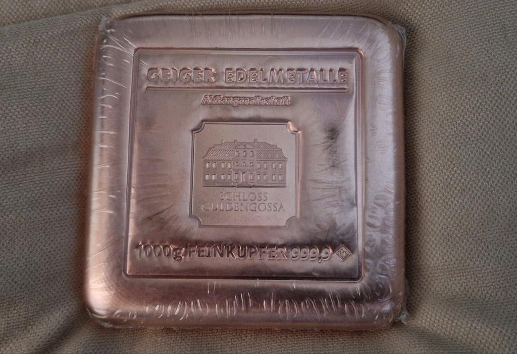 Geiger Koperbar 1 kilo met certificaat., Ophalen of Verzenden
