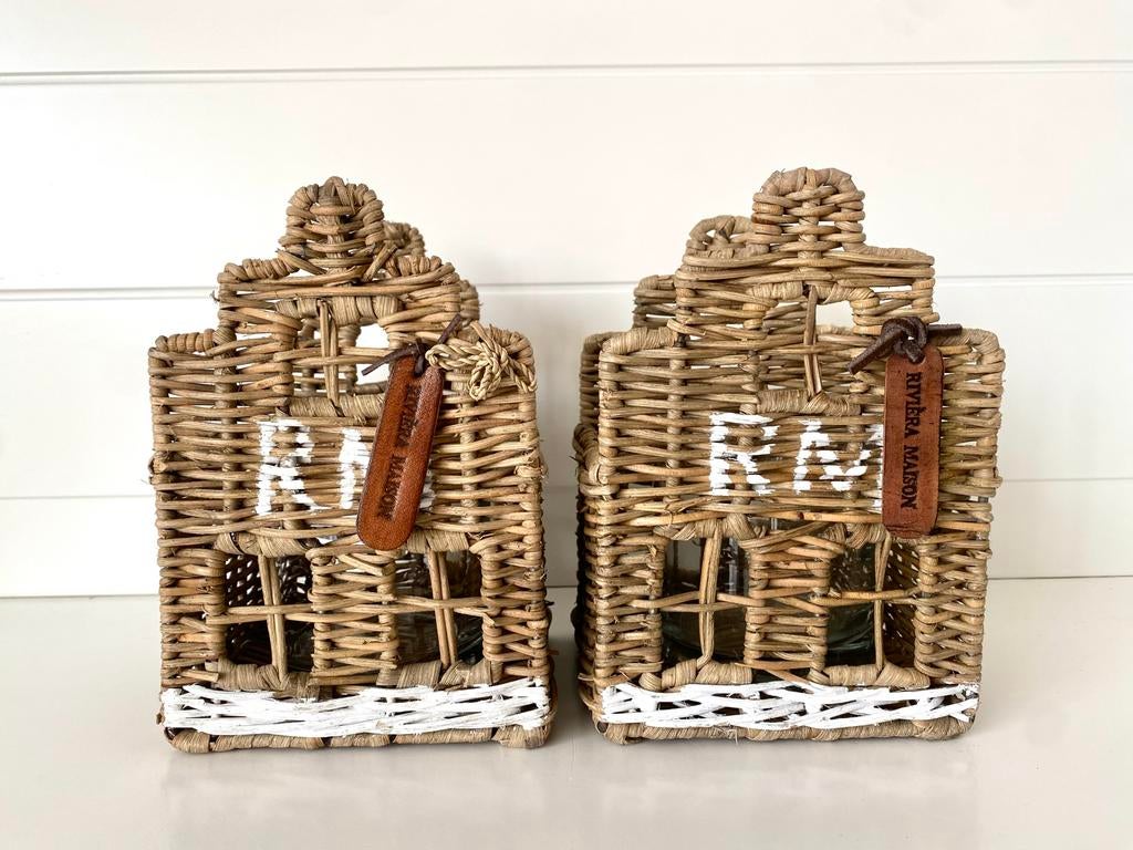 Riviera Maison Huisjes Waxinelichthouders - rotan rattan, Huis en Inrichting, Ophalen of Verzenden, Zo goed als nieuw