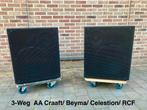 Kompakt 3-Weg. AA Craaft/ Beyma/ Celestion/ RCF.   15”/8”/1”, Zo goed als nieuw, 120 watt of meer, Front, Rear of Stereo speakers