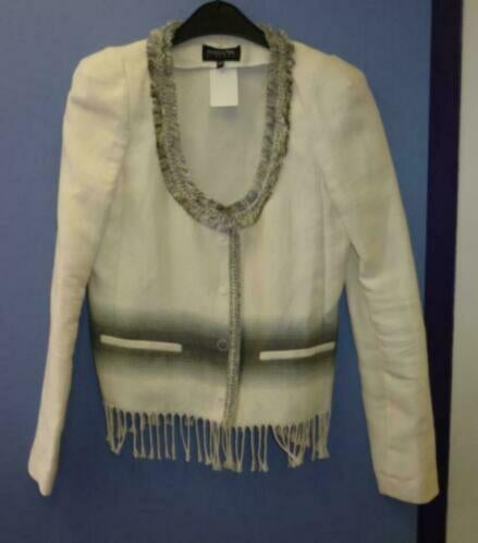 Patrizia Pepe creme blazer +grijze roezelrand fringe S 30625, ., Ophalen of Verzenden, Zo goed als nieuw, Patrizia Pepe