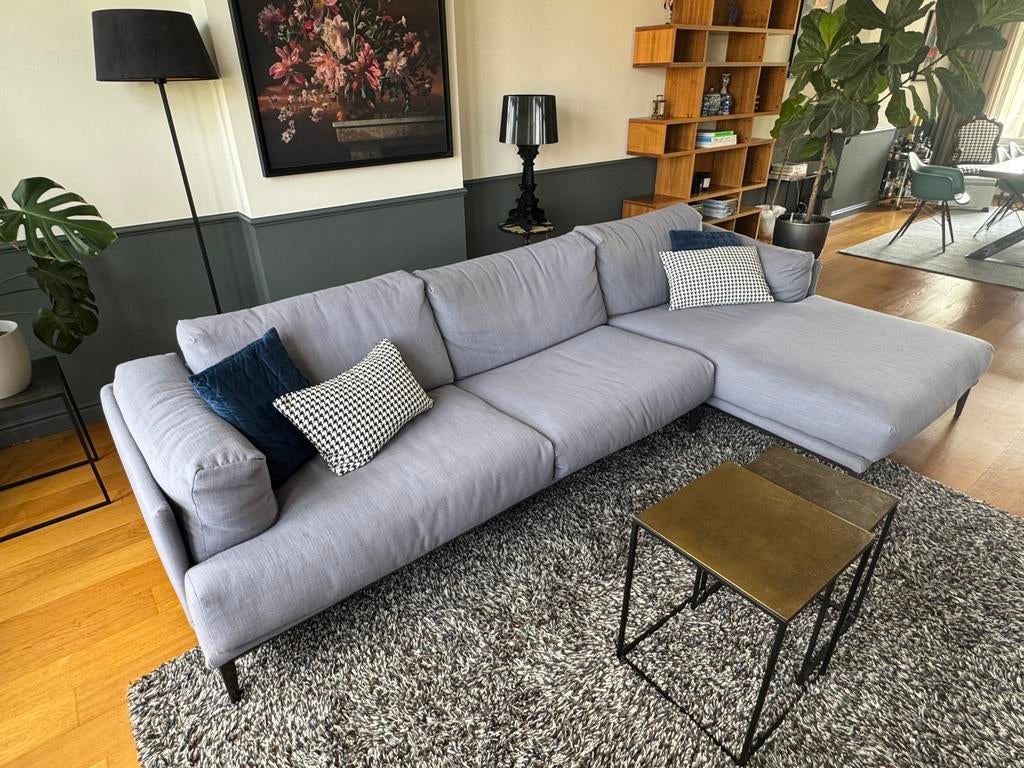 Comfortable ruime blauwe bank met chaise longue Chateau d’Ax, Ophalen, Gebruikt, Stof, Modern
