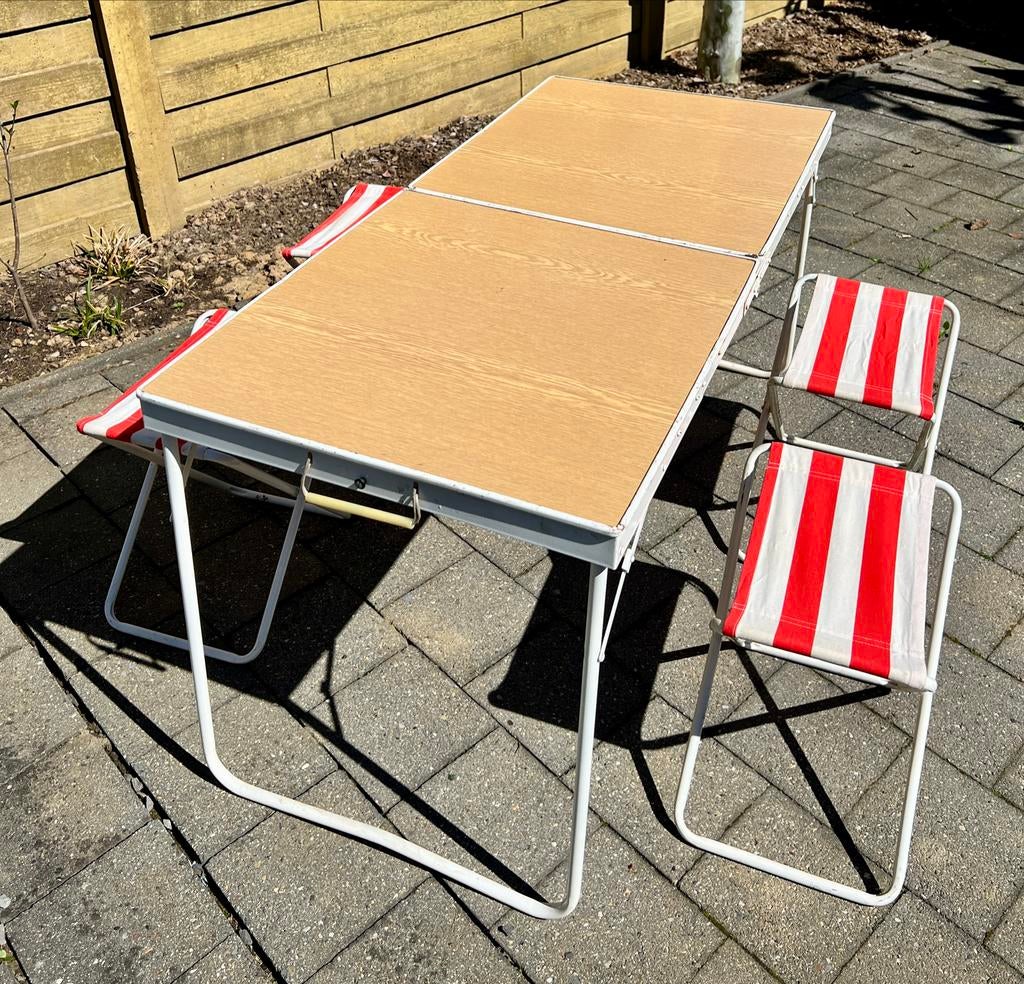 Campingtafel vintage inklapbaar met 4 krukjes, Ophalen, Gebruikt, Campingtafel