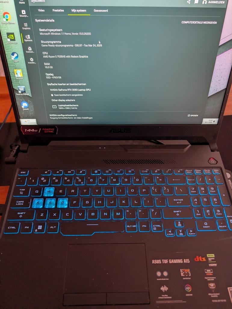 Asus TUF A15 gaming laptop, 15 inch, RTX 3050, Garantie, Computers en Software, Met videokaart, Zo goed als nieuw, Gaming, SSD