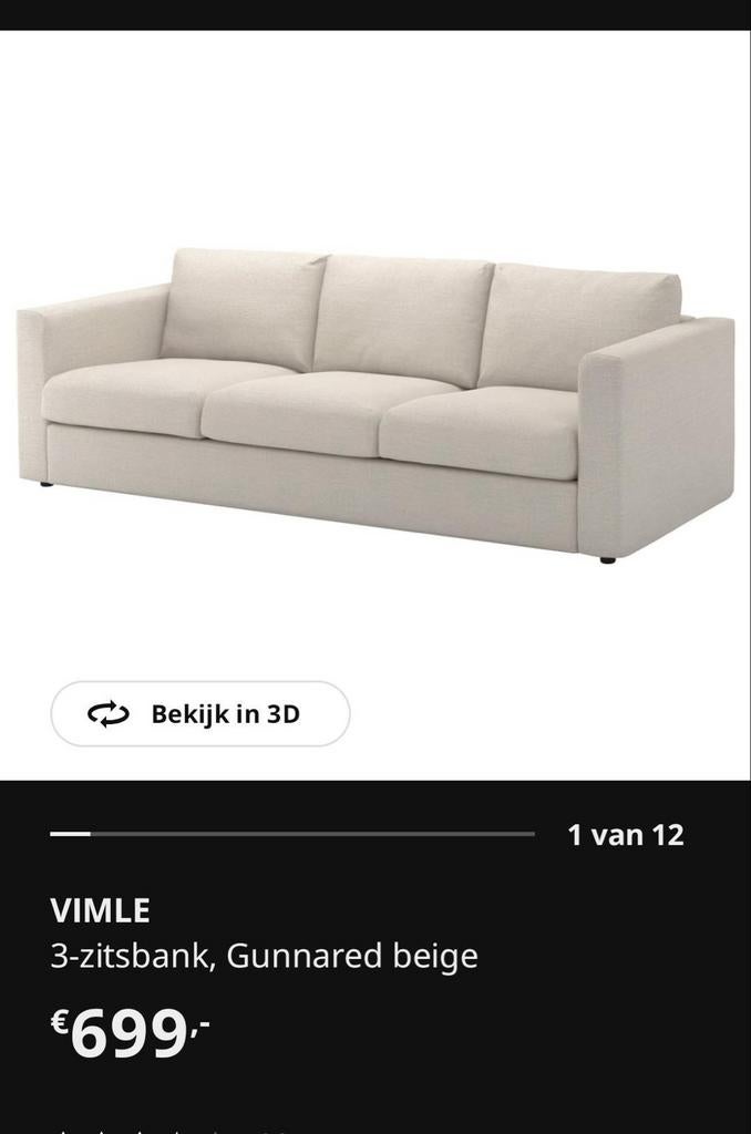 VIMLE 3-zitsbank Gunnared beige, Ophalen, Driepersoons, 75 tot 100 cm, Zo goed als nieuw