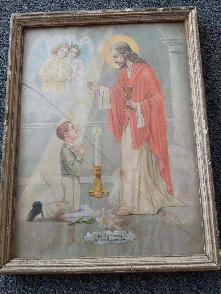 Oude religieuze prent Eerste Communie, Antiek en Kunst, Ophalen