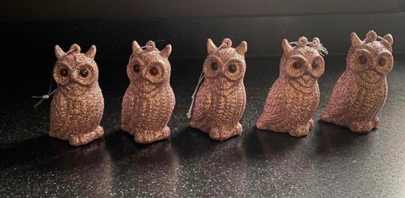 5 roze glitter uilen en diamantvormige kerstversiering, Diversen, Kerst, Ophalen of Verzenden, Zo goed als nieuw