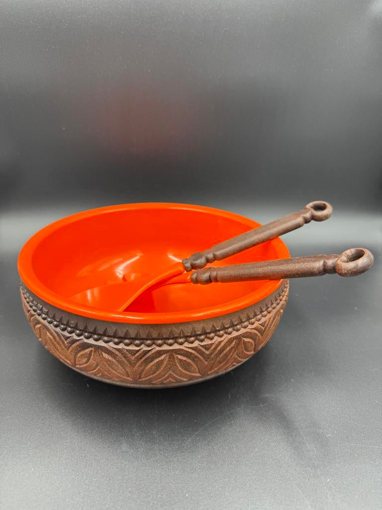 Retro Emsa Salade Kom Jaren 70 met Sla-bestek, Ophalen of Verzenden