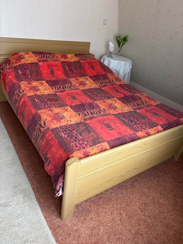 Eiken tweepersoonsbed met lattenbodem, Ophalen, Gebruikt, Bruin, Tweepersoons