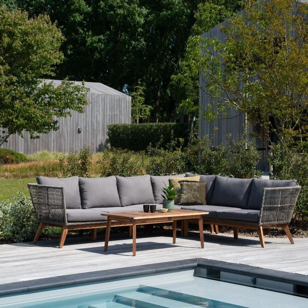 Lissabon hoek loungeset | hardhout + wicker | 276x226cm, Ophalen, 6 zitplaatsen, Zo goed als nieuw, Loungeset