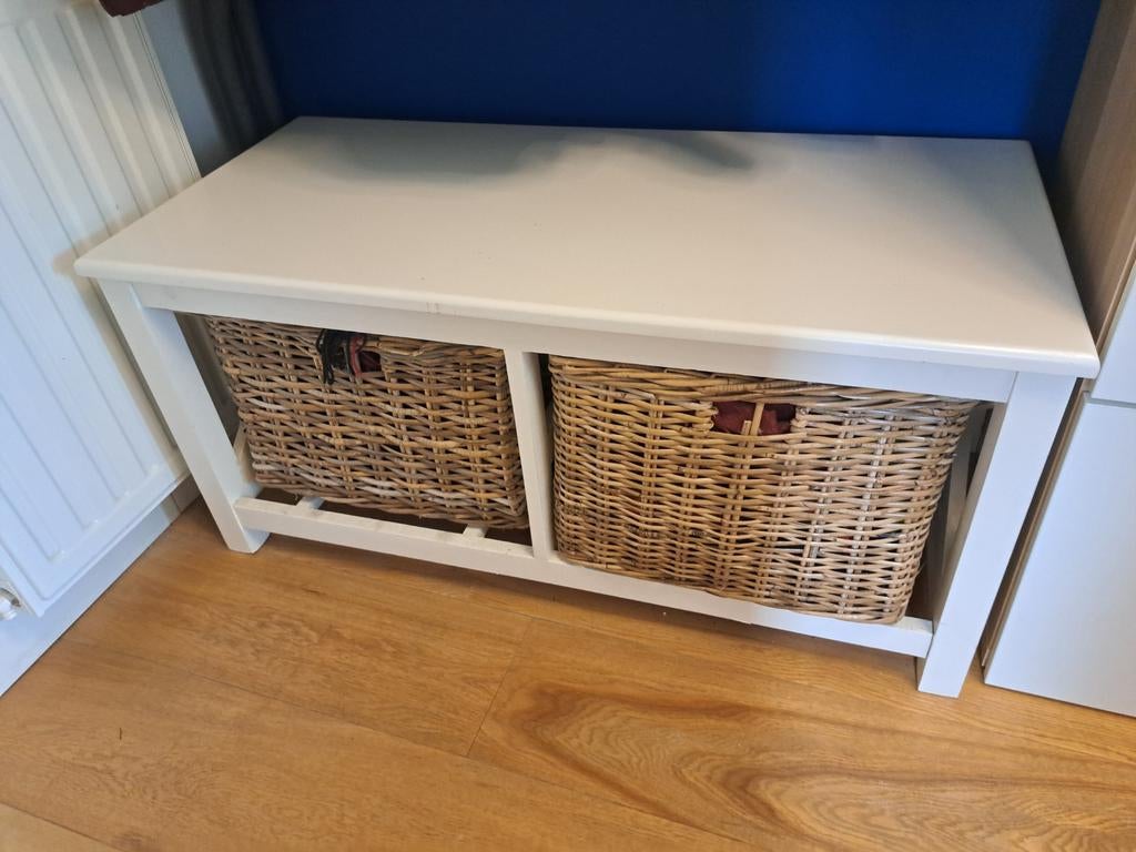 Wit bankje met opbergmanden (95x45 cm), Huis en Inrichting, Stoelen, Ophalen, Gebruikt, Wit, Hout