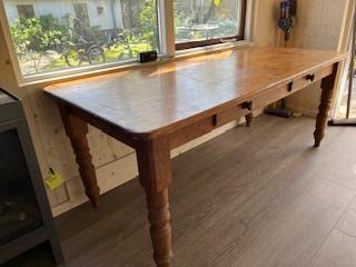 Vintage massief grenen tafel met 2 laden 190cm x 85cm, Ophalen, Gebruikt, Bolpoot antiek, 50 tot 100 cm