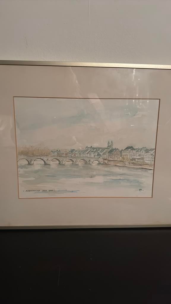 Aquarel schilderij van de stad Maastricht,, Antiek en Kunst, Kunst | Tekeningen en Foto's, Ophalen