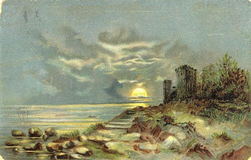 Fantasiekaart Kasteel en kust & ondergaande zon 1908 (VK399), Verzenden, Voor 1920, Gelopen, Waddeneilanden