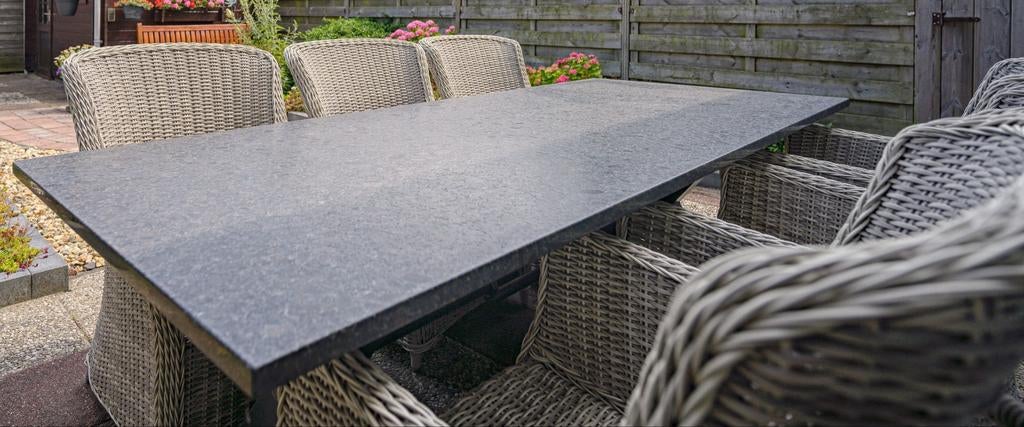 Tuintafel Newcastle Pearl Black Satinado + 6 Dining stoelen, Tuin en Terras, Ophalen, Gebruikt, Rechthoekig