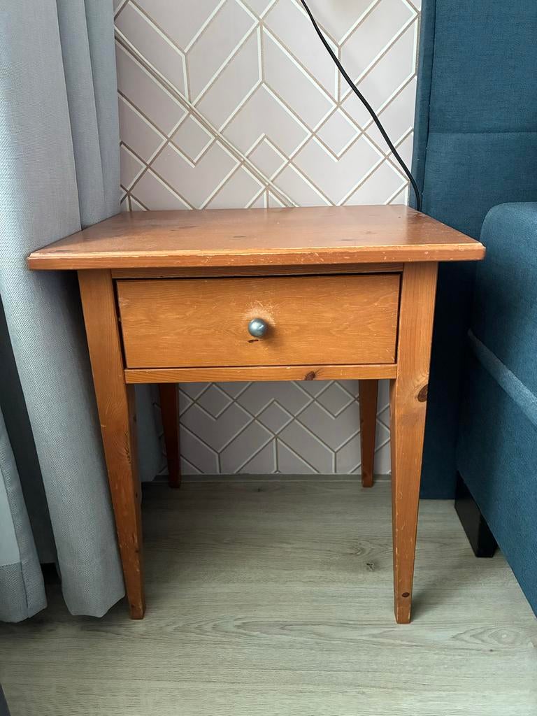 2 houten nachtkastjes met lade, Ophalen, Gebruikt, Minder dan 45 cm, 55 tot 70 cm