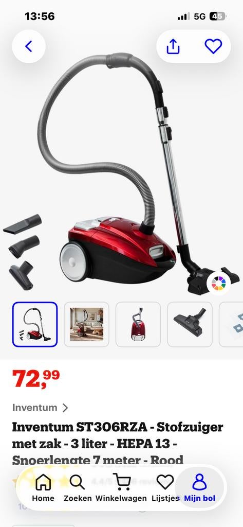 Inventum ST306RZA Stofzuiger met zak - Rood, Witgoed en Apparatuur, Stofzak, Stofzuiger, Nieuw, Ophalen of Verzenden