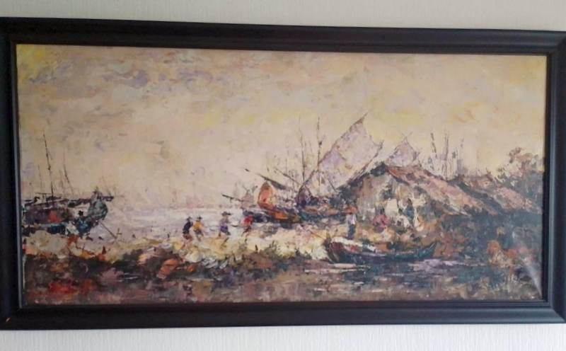Mooi olieverf schilderij "Indonesisch tafereel", Ophalen, Oorspronkelijke maker, 125 cm of meer, Zo goed als nieuw