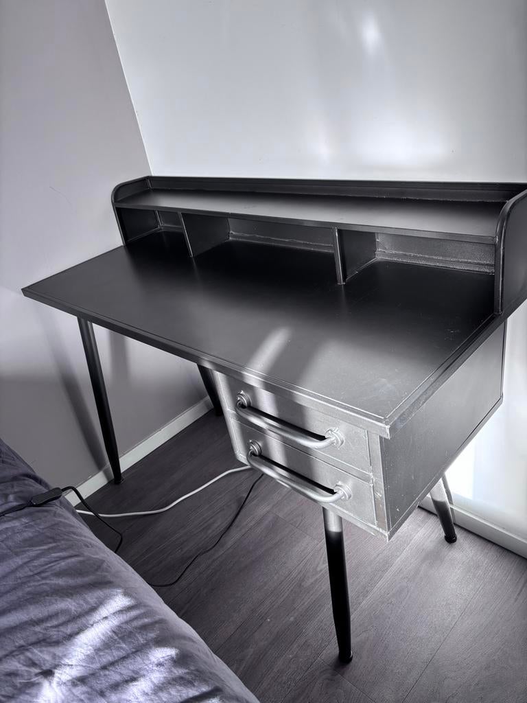 Antraciet bureau met lades en opzetstuk, Ophalen, Met lades, Gebruikt, Zwart