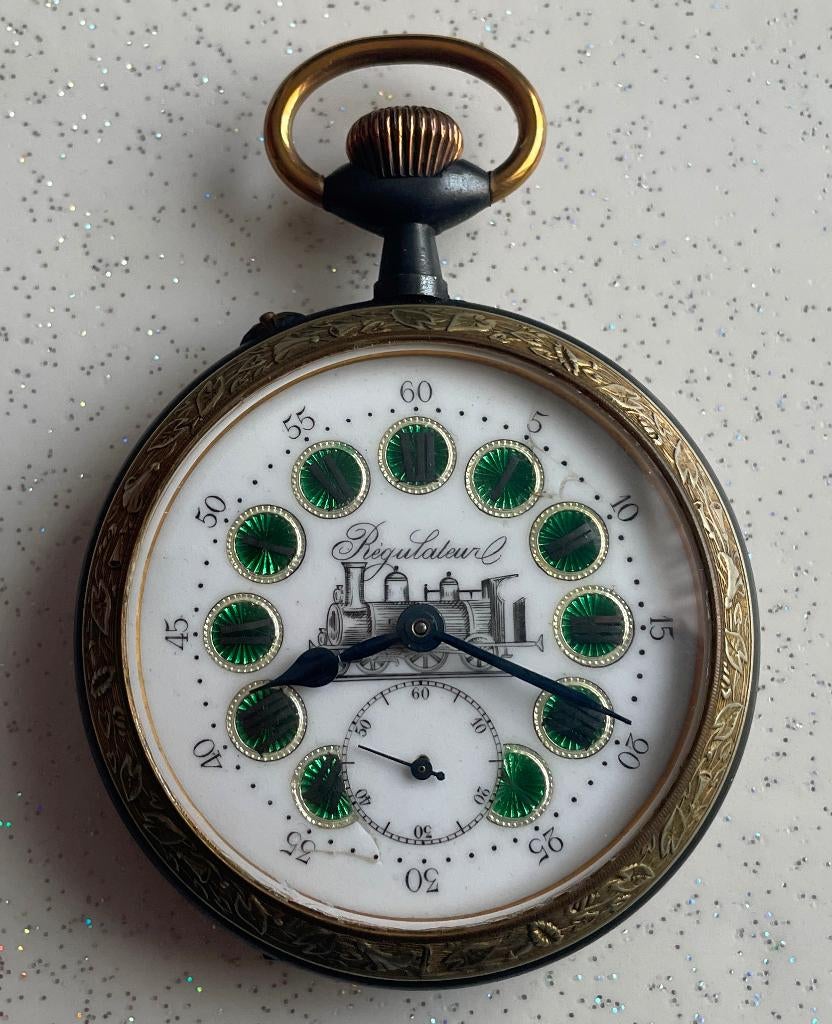 Zakhorloge ROSKOPF REGULATEUR met treinmotief en groene, Verzenden, Gebruikt, Staal, Rolex