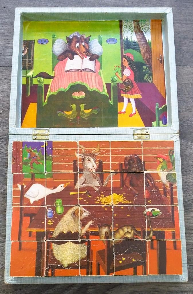 Om 1940-1950 Blokkendoos Blokken Puzzel Legpuzzel Sprookje, Antiek en Kunst, Antiek | Speelgoed, Ophalen of Verzenden