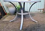 Ronde tuintafel met grijs aluminiumframe en glazen blad, Tuin en Terras, Tuintafels, Ophalen, Gebruikt, Rond, Aluminium