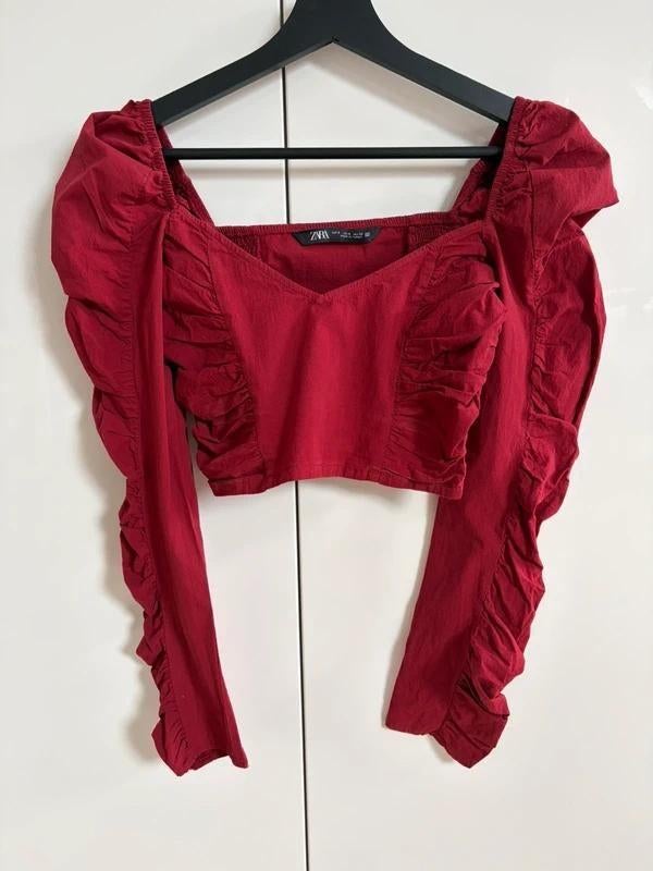 Topje Croptop Top Zara Wijnrood Bordeaux Pofmouwen - S, Zara, Nieuw, Ophalen of Verzenden, Lange mouw
