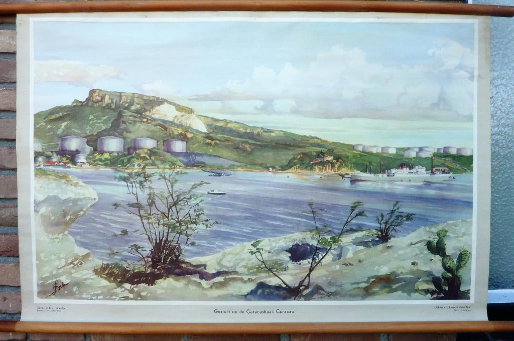 Oude schoolplaat van de "Caracasbaai" op Curacao, Antiek en Kunst, Ophalen of Verzenden, Stad- en Dorpsgezichten