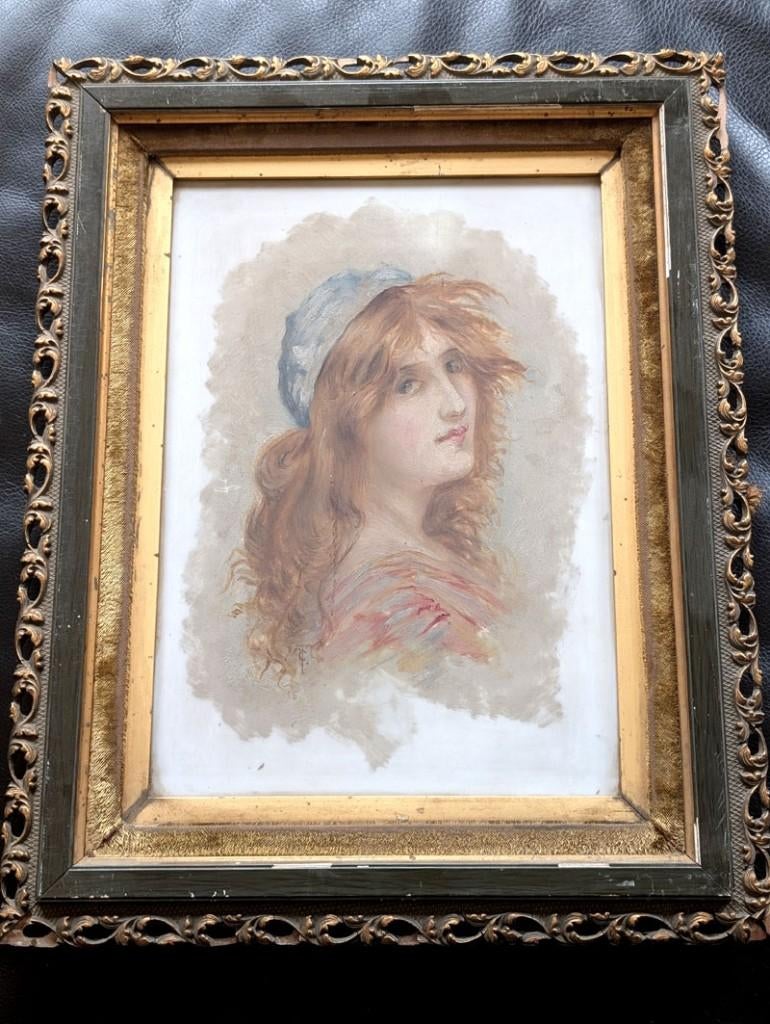 Schilderij op email plaat : meisjeshoofd, Antiek en Kunst, Kunst | Schilderijen | Klassiek, Ophalen of Verzenden