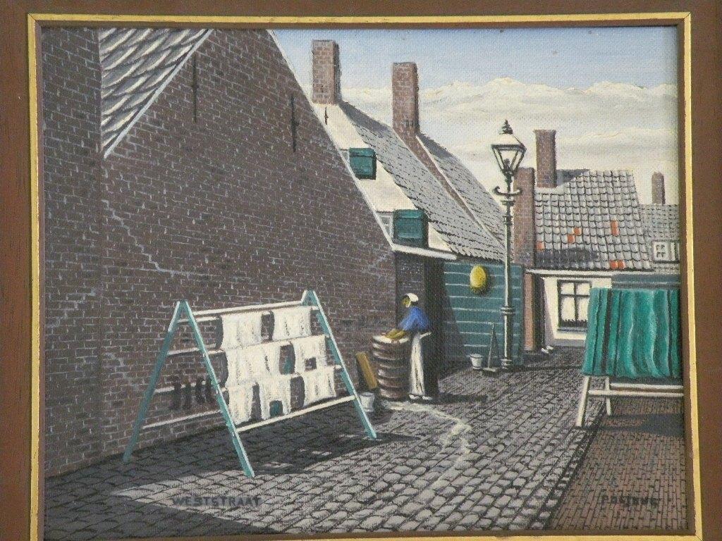 Schilderij P. de Jong. Weststraat Scheveningen.  Ong. 1914., Antiek en Kunst, Ophalen of Verzenden