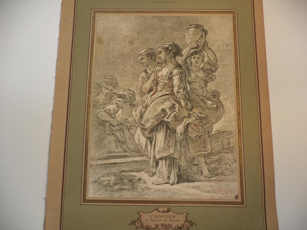 Francois Boucher Le Retour du Marché gekaderde litho 1929, Antiek en Kunst, Ophalen