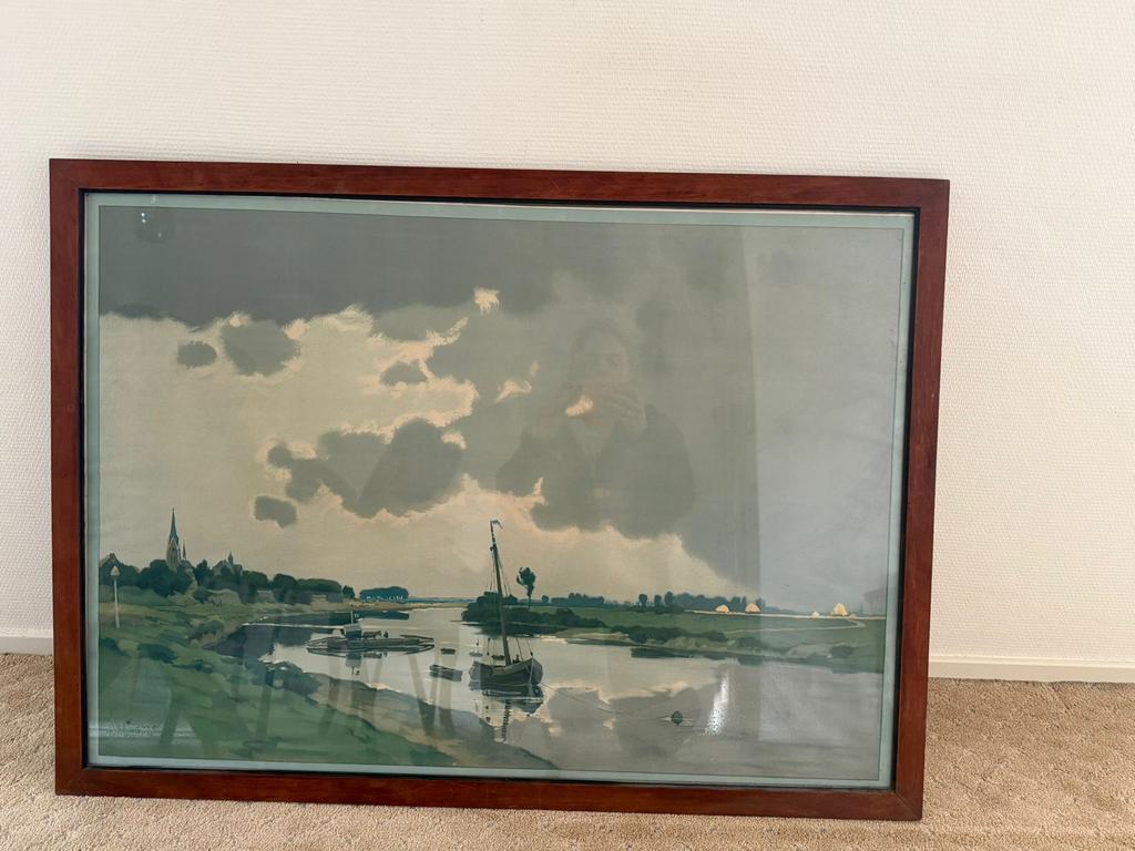 Groot ingelijst schilderij van rivierlandschap, 110x80 cm, Antiek en Kunst, Ophalen