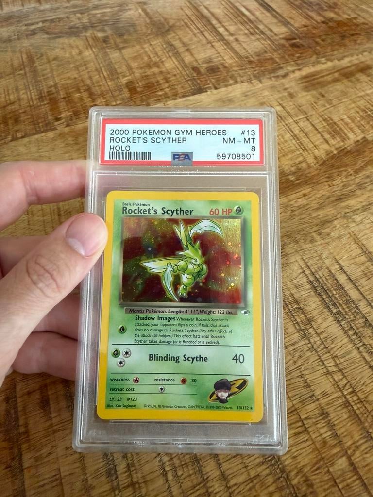 Gym Heroes Rocket’s Scyther PSA 8, Ophalen of Verzenden, Zo goed als nieuw, Losse kaart