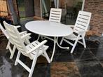 4 verstelbare kunststof tuinstoelen met ovale tafel, Ophalen, 4 zitplaatsen, Kunststof, Zo goed als nieuw