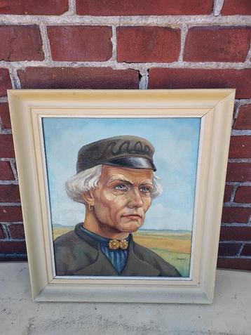 Schilderij Zeeuwse visserman in witte lijst, L.J.Braams. beschikbaar voor biedingen