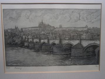 Mooie ets van de Karelsbrug in Praag beschikbaar voor biedingen