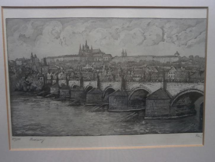Mooie ets van de Karelsbrug in Praag, Antiek en Kunst, Kunst | Etsen en Gravures, Ophalen