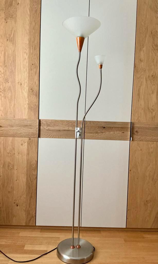 Staande RVS Lamp met Twee Lichtpunten, Huis en Inrichting, Lampen | Vloerlampen, Gebruikt, 150 tot 200 cm, Glas, Metaal, Ophalen