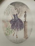 Groot Art Deco ets/aquarel dame met koloniaal beeld 1920s, Ophalen of Verzenden