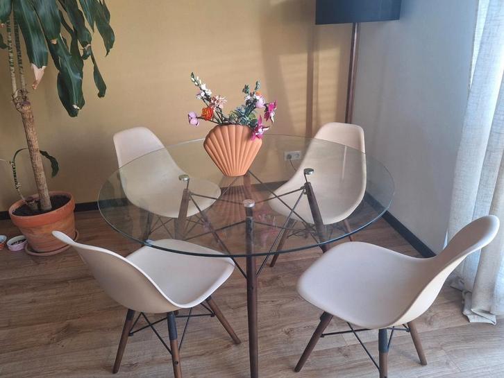 Ronde eettafel glas en hout 120 diameter, Huis en Inrichting, Tafels | Eettafels, Gebruikt, 100 tot 150 cm, 100 tot 150 cm, Vier personen