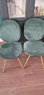 Twee velvet groene stoelen met gouden poten, Huis en Inrichting, Stoelen, Ophalen, Zo goed als nieuw, Overige kleuren, Twee